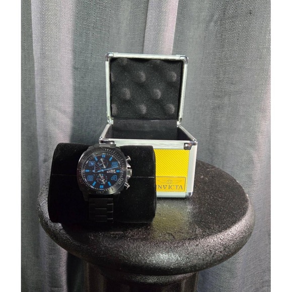 NEW Invicta Black Band Blue Dial Stainless‎ Steel Chronograph Watch Mens - Picture 1 of 11